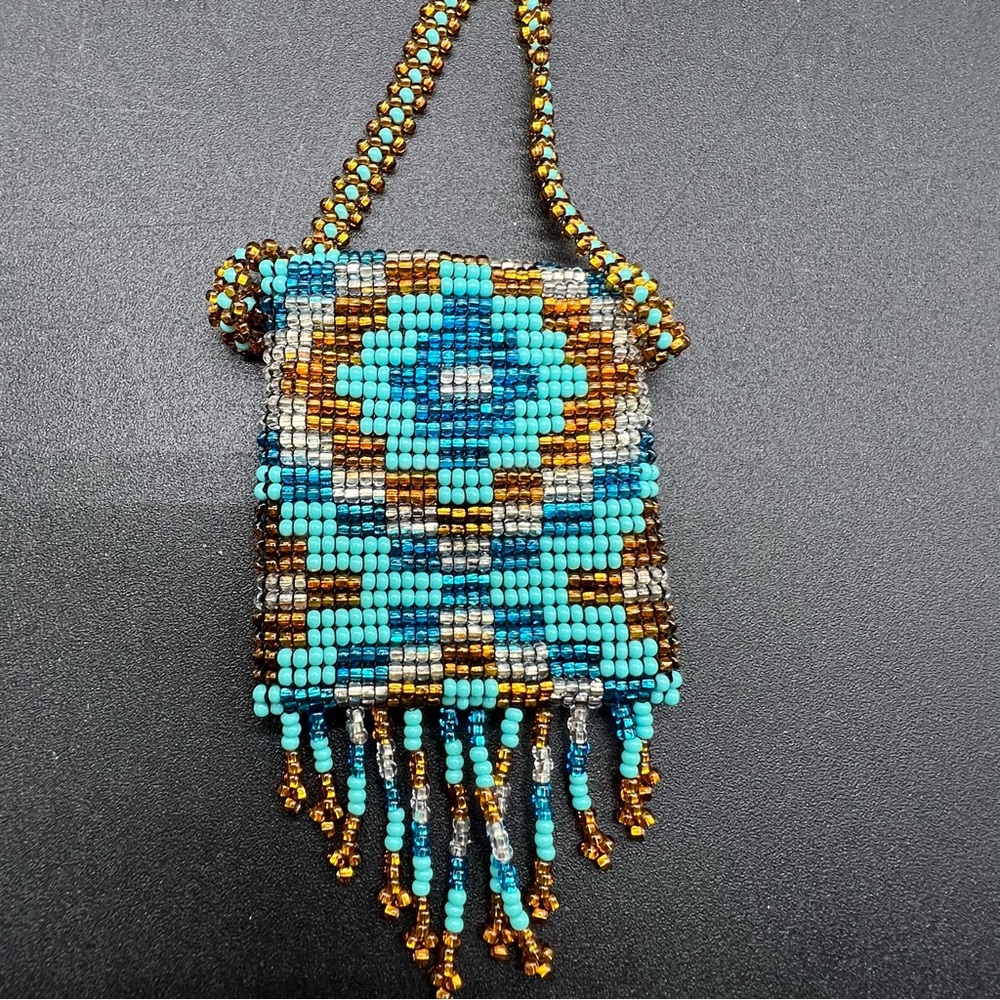 Vintage Turquoise Gold Seed Bead Peyote Amulet Pouch Necklace Fringe - Picture 3 of 8